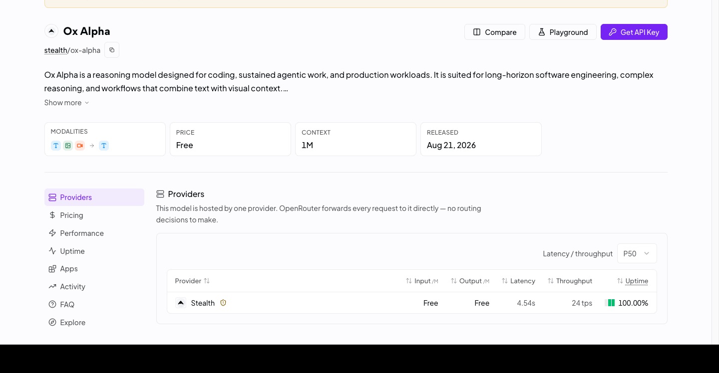 Ox Alpha listing on OpenRouter: free, 1M context, released Aug 21 2026